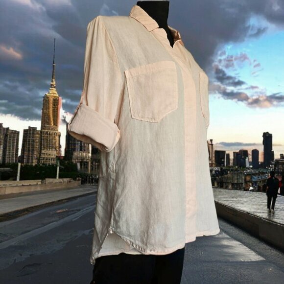 NWOT CLOTH & STONE (XS) 100% Linen Split Back Rolled Sleeves Peach Button Up - Picture 4 of 10